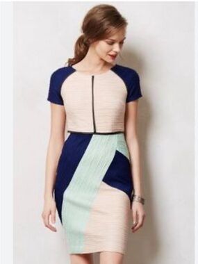 Anthropologie Maeve Danita Sheath Dress Color Block Crepe Midi Size 8